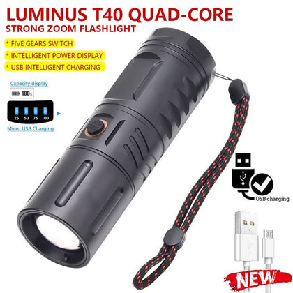 New t40 flashlight zoom power display usb rechargeable flashlight t40 small steel gun